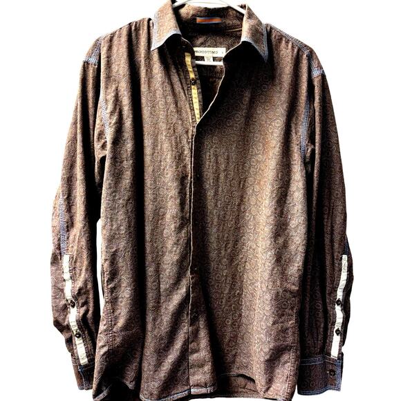Pronto Uomo Shirt Mens L Brown Cotton Long Sleeve Embroidered Classic Button-Up - Picture 1 of 5